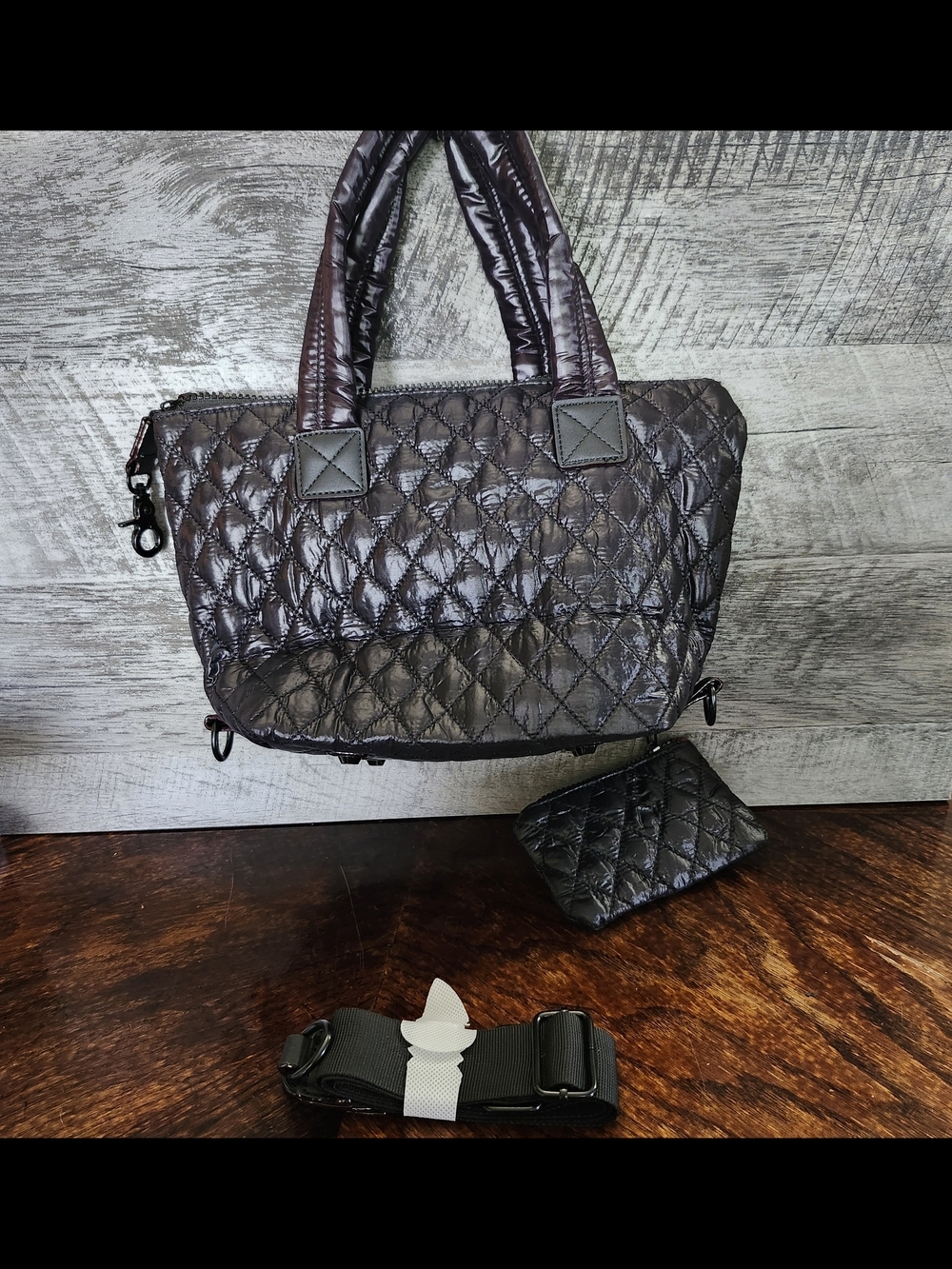 NWT Black Quitled Puffer Satchel With Croasbody Strap - Picture 3 of 7